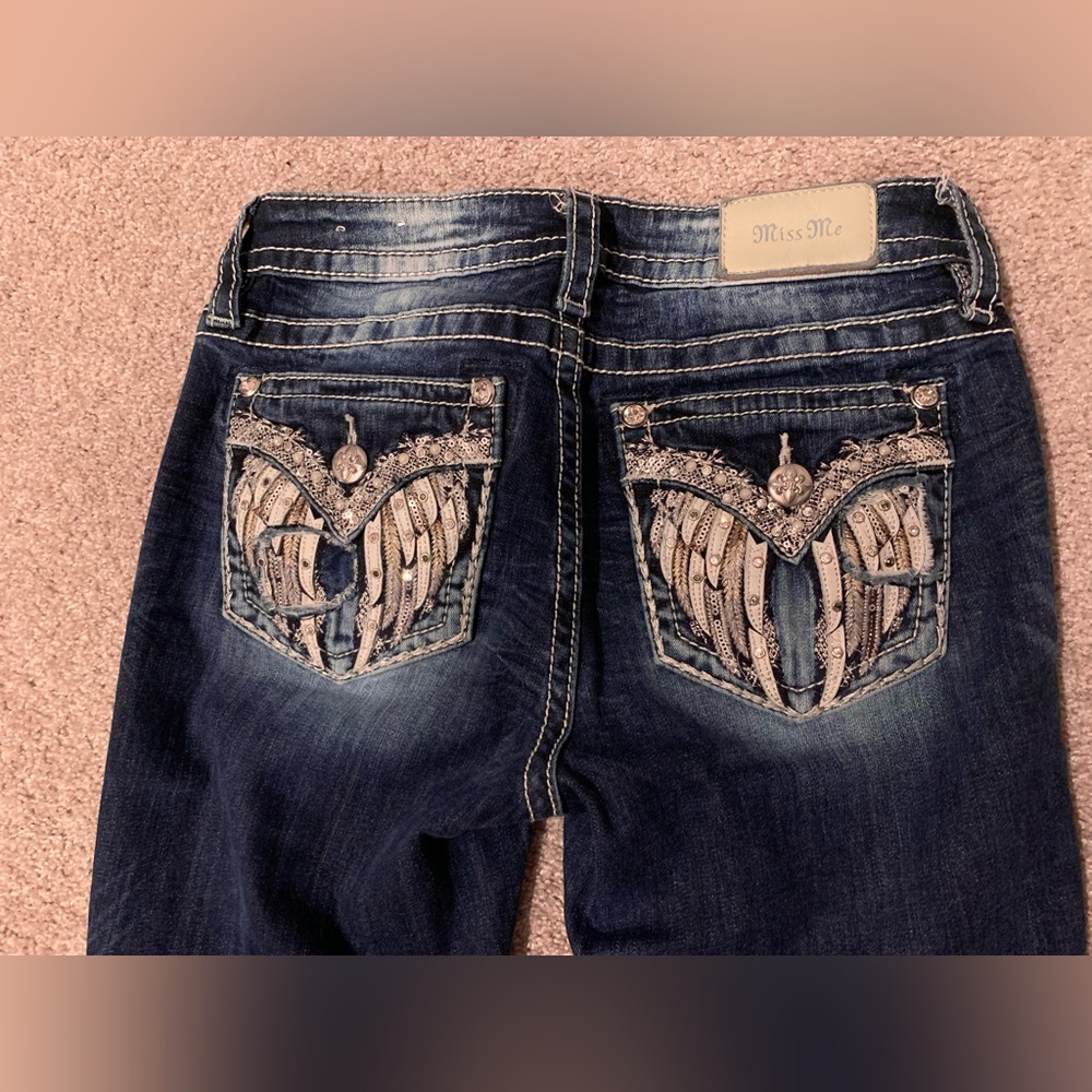 Miss Me Angel Wing Rhinestone Pocket Straight Leg Low Rised Jeans